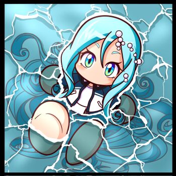 Rule 34 | 1girl, aqua eyes, awase marina, barefoot, black border, blue eyes, border, commentary request, curly ends, curly hair, drilljapan, from above, gradient eyes, hair between eyes, highres, jacket, jikkyou powerful pro yakyuu, jikkyou powerful pro yakyuu (style), long hair, lying, multicolored eyes, no mouth, ocean, on back, open clothes, open jacket, partially submerged, pearl hair ornament, power pro appli, rayman limbs, shirt, solo, track jacket, very long hair, water, white shirt, yellow eyes
