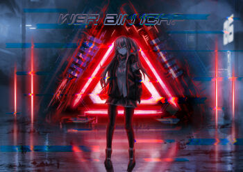 1girl absurdres armband black_jacket black_pantyhose black_skirt boots brown_hair closed_mouth commentary fingerless_gloves full_body girls'_frontline gloves hair_between_eyes hair_ornament head_tilt highres jacket long_hair long_sleeves looking_at_viewer neck_ribbon night one_side_up open_clothes open_jacket pantyhose pigeon-toed pleated_skirt ribbon road scar scar_across_eye scar_on_face shirt skirt solo standing symbol-only_commentary ump45_(girls'_frontline) white_shirt yellow_armband zeek8430