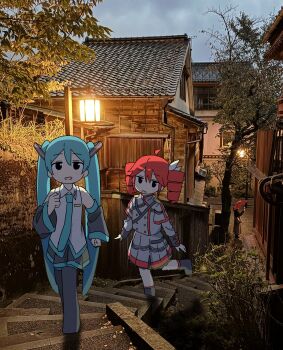 2girls :d absurdres ahoge aqua_hair aqua_necktie aqua_trim architecture auhuheben17 black_boots black_eyes black_skirt black_sleeves blush boots bow bush buttons collared_shirt detached_sleeves double-breasted drill_hair east_asian_architecture grey_jacket grey_skirt hair_bow hair_ornament hand_up hatsune_miku highres jacket kasane_teto kasane_teto_(sv) lamppost leaf long_hair looking_at_viewer multiple_girls necktie on_stairs open_mouth outdoors people pleated_skirt red_hair red_trim retaining_wall shirt shoulder_belt shoulder_boards skirt sky sleeveless sleeveless_shirt smile stairs striped_clothes striped_jacket striped_skirt synthesizer_v thigh_boots tile_roof town tree twin_drills twintails utau very_long_hair vocaloid walking white_bow white_shirt