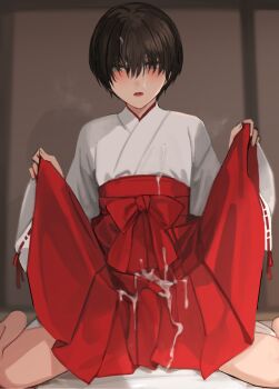 1boy black_hair blush bulge clothes_lift commentary_request crossdressing crossdressing_(mtf) cum cum_on_body cum_on_clothes cum_on_hair cum_on_male cum_on_skirt erection erection_under_clothes facial geki geki_(sunaba_(nczd5875)) grey_eyes hair_between_eyes hakama hakama_lift hakama_skirt highres indoors japanese_clothes kosode lifting_own_clothes looking_at_viewer male_focus open_mouth original red_hakama short_hair sitting skirt solo solo_focus steaming_body sunaba_(nczd5875) trap wariza