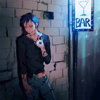 1boy arm_tattoo bar_(place) black_hair black_nails black_shirt blush chest_tattoo commentary_request cum cum_on_body demorzel denim earrings facial facial_hair full-face_blush goatee hand_tattoo hickey highres implied_after_sex implied_yaoi jeans jewelry male_focus male_prostitution money nipples one_piece outdoors pants prostitution red_nails shirt short_hair solo tattoo trafalgar_law yellow_eyes