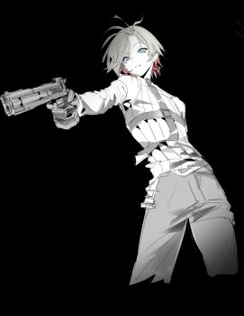 Rule 34 | 1boy, absurdres, aiming, black background, blue eyes, buri04660072364, chest harness, cropped legs, genshin impact, grey hair, grey pants, gun, handgun, harness, highres, holding, holding gun, holding weapon, illuga (genshin impact), long sleeves, male focus, multicolored hair, pants, parted bangs, parted lips, red hair, shirt, shirt tucked in, simple background, solo, unfinished, weapon, white shirt