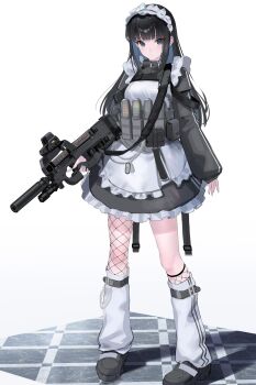 1girl absurdres apron asymmetrical_legwear black_hair black_shoes black_skirt blue_hair bullpup chain chest_rig colored_inner_hair commentary_request dog_tags fishnets fn_p90 frilled_apron frills full_body gun gun_sling highres holding holding_gun holding_weapon jacket jersey_maid kneehighs leg_belt leg_warmers long_hair looking_at_viewer magazine_(weapon) maid maid_apron maid_headdress multicolored_hair original shoes single_kneehigh single_leg_pantyhose single_sock skirt socks solo standing sthk submachine_gun suppressor tactical_maid track_jacket trigger_discipline turtleneck turtleneck_jacket two-tone_hair unconventional_maid uneven_legwear weapon white_apron white_leg_warmers