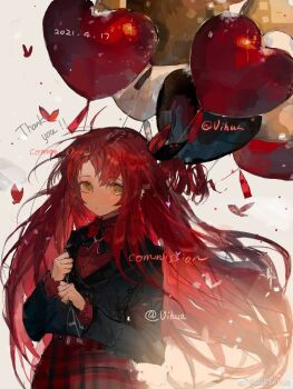 1girl animal_print balloon black_jacket bow bowtie butterfly_print chinese_commentary closed_mouth commentary_request commission cowboy_shot dated english_text expressionless heart_balloon highres holding holding_balloon jacket long_hair long_sleeves original plaid_clothes plaid_skirt red_bow red_bowtie red_hair red_shirt red_skirt shirt skirt solo thank_you vihua6 watermark weibo_watermark yellow_eyes