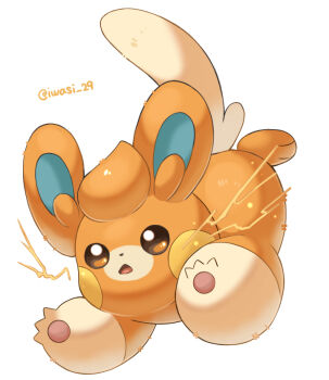 :o animal_focus artist_name brown_eyes claws commentary_request electricity iwasi_29 jumping nintendo no_humans open_mouth orange_fur pawmi pawpads pokemon pokemon_(creature) simple_background tail twitter_username white_background