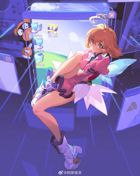 1girl absurdres antenna_hair boots bravo233 brown_eyes brown_hair closed_mouth computer corrector_i.r. corrector_yui curly_hair mp3_player gem gloves highres kasuga_yui legs_up looking_at_viewer magical_girl microsoft_windows pink_shirt shirt short_hair sitting skirt solo translation_request vaporwave white_boots white_gloves windows_xp wings