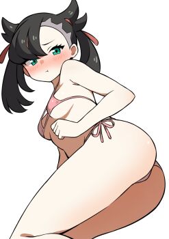 1girl :t ass bikini black_hair blush breasts commentary_request ecgg_(tsuji418477) green_eyes highres looking_at_viewer marnie_(pokemon) micro_bikini nintendo pink_bikini pokemon pokemon_swsh pout simple_background small_breasts solo strap_gap swimsuit thighs twintails white_background