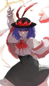 1girl arm_up black_hat black_skirt bow capelet closed_mouth commentary_request hat hat_bow high-waist_skirt highres index_finger_raised korean_commentary lightning long_sleeves looking_at_viewer nagae_iku purple_hair red_bow red_eyes shirt short_hair skirt solo touhou white_capelet white_shirt whowhy
