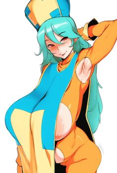 1girl aqua_hair areola_slip armpit_crease armpit_cutout armpit_stubble armpits bodysuit breast_cutout breasts clothing_cutout doxy dragon_quest dragon_quest_iii hat highres huge_breasts long_hair mature_female mitre naughty_face navel_cutout orange_bodysuit plump priest_(dq3) red_eyes sagging_breasts smile solo standing tabard white_background