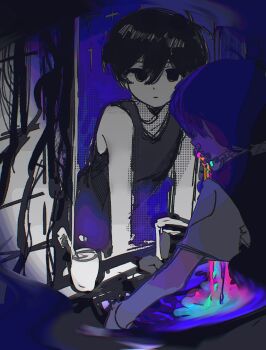 2boys antenna_hair bare_arms bare_shoulders bathroom black_eyes black_hair black_sweater_vest black_tank_top chinese_commentary chromatic_aberration colored_skin commentary_request covering_own_mouth cup different_reflection dual_persona empty_eyes expressionless from_behind glowing hand_up highres indoors looking_at_mirror male_focus mirror multiple_boys no_pupils omori omori_(omori) reflection shirt short_hair short_sleeves sink sunny_(omori) sweater_vest tank_top tile_wall tiles toothbrush upper_body very_short_hair vignetting white_shirt white_skin yangliyongyuanshiyangchui