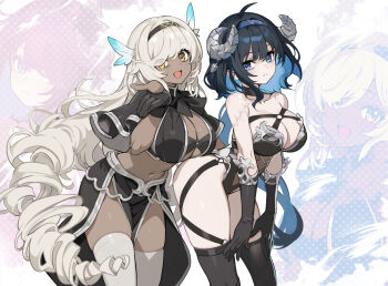 2girls ahoge bags_under_eyes black_capelet black_gloves black_hair black_hairband black_thighhighs blue_hairband breasts capelet cleavage closed_mouth dark-skinned_female dark_skin demon_horns eyebrows_hidden_by_hair from_side gloves hair_over_one_eye hairband horns large_breasts leaning_forward long_hair looking_at_viewer multiple_girls multiple_views navel nyoro_(nyoronyoro000) open_mouth original smile stomach thighhighs twintails very_long_hair white_hair white_thighhighs