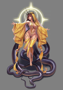 1girl absurdres anklet armlet ass breasts chain contrapposto crown_of_thorns cthulhu_mythos curvy detached_sleeves eyeshadow female_focus full_body genderswap genderswap_(mtf) glitter gold halo hastur high_heels highres hook jewelry large_breasts lips long_hair looking_at_viewer makeup nail_polish navel necklace one-piece_swimsuit orange_eyes revealing_clothes rhasta shoes single_thighhigh skindentation slingshot_swimsuit solo standing swimsuit tentacles thighhighs veil wide_hips wide_sleeves yellow_nails yellow_one-piece_swimsuit yellow_shoes yellow_sleeves yellow_thighhighs