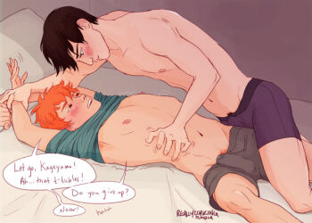 Rule 34 | 2boys, arms up, boxer briefs, boxers, bulge, english text, erection, erection under clothes, feet out of frame, grey male underwear, haikyuu!!, hinata shouyou, kageyama tobio, male underwear, multiple boys, pubic hair, pubic hair peek, purple male underwear, reallycorking, tickling, topless male, underwear, yaoi