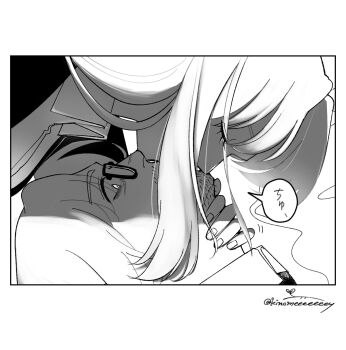 Rule 34 | 1boy, 1girl, absurdres, beard stubble, black-framed eyewear, border, censored kiss, cigarette, close-up, closed eyes, coat, collared shirt, convenient censoring, convenient hair, eyes visible through hair, face-to-face, facial hair, fingernails, formal clothes, from side, girl on top, glasses, grabbing another's chin, gregor (project moon), greyscale, hair over one eye, half-closed eyes, hand on another's chin, hand on another's face, hand on another's head, hand up, hetero, highres, holding, holding cigarette, implied kiss, kiss, limbus company, long hair, long sleeves, looking at another, looking up, lying, monochrome, necktie, on back, parted bangs, project moon, rodion (project moon), shaded face, shadow, shirt, sidelocks, signature, simple background, smoke, speech bubble, stubble, surprise kiss, surprised, twitter username, upper body, upside-down kiss, white background, white border, wide-eyed