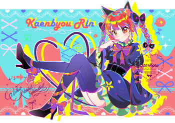 Rule 34 | 1girl, absurdres, animal ears, black bow, black dress, black shoes, black thighhighs, blush, bow, bowtie, braid, breasts, cat ears, character name, commentary request, commission, dress, extra ears, frilled dress, frills, hair bow, heart, heart tail, high heels, highres, kaenbyou rin, long hair, long sleeves, looking at viewer, multiple hair bows, multiple tails, nekomata, pointy ears, red bow, red bowtie, red eyes, red hair, shoes, sitting, small breasts, solo, tail, thighhighs, touhou, twin braids, two tails, watermark, xingxingxing guangguang