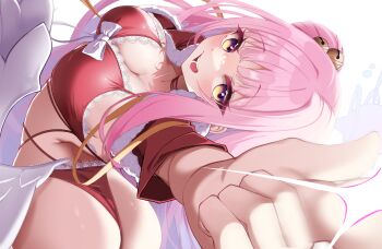 Rule 34 | 1girl, absurdres, angel wings, arm up, ass, bell, blue archive, blush, bra, breasts, cleavage, commentary, english commentary, feathered wings, hair bell, hair bun, hair ornament, halo, highres, lace, lace-trimmed bra, lace-trimmed panties, lace trim, large breasts, low wings, mika (blue archive), open mouth, panties, papaya b0i, pink hair, red bra, red panties, simple background, single hair bun, single side bun, smile, solo, underwear, white background, white wings, wings