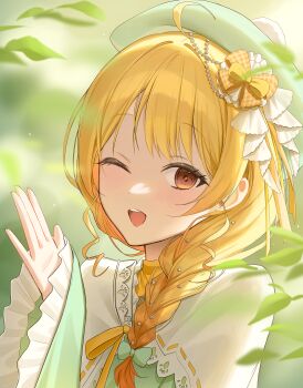 1girl ;d beret bow braid braided_ponytail brown_eyes commentary_request green_bow green_hat hair_bow hat highres hololive hololive_dev_is idasu_(hyun9164) long_sleeves looking_at_viewer one_eye_closed open_mouth otonose_kanade otonose_kanade_(new_year) ribbon smile teeth upper_body upper_teeth_only virtual_youtuber yellow_bow yellow_ribbon