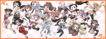 6+girls annotation_request asagao_(kunoichi_tsubaki_no_mune_no_uchi) bare_arms bare_shoulders benisumomo black_eyes black_hair blonde_hair border bow brown_hair brown_hakama character_request checkered_background commentary_request dark-skinned_female dark_skin fishnet_thighhighs fishnets fuki_(kunoichi_tsubaki_no_mune_no_uchi) glasses hair_bow hakama highres hinagiku_(kunoichi_tsubaki_no_mune_no_uchi) japanese_clothes kikyou_(kunoichi_tsubaki_no_mune_no_uchi) kobawan_dam kunoichi_tsubaki_no_mune_no_uchi long_hair midriff mokuren_(kunoichi_tsubaki_no_mune_no_uchi) multiple_girls navel ninja orange_border pink_hair purple_eyes purple_hair purple_scarf red_bow red_hakama rindou_(kunoichi_tsubaki_no_mune_no_uchi) sandals sazanka_(kunoichi_tsubaki_no_mune_no_uchi) scarf shuriken siblings sisters thighhighs tsubaki_(kunoichi_tsubaki_no_mune_no_uchi) twins uikyou_(kunoichi_tsubaki_no_mune_no_uchi) weapon white_hair