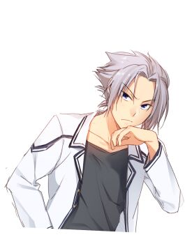 Rule 34 | >:(, 1boy, black shirt, blue eyes, closed mouth, collarbone, commentary, cropped legs, forehead, frown, hand up, jacket, kazamatsuri institute high school uniform, long sleeves, looking at viewer, male focus, open clothes, open jacket, parted bangs, rewrite, satomi yoshitaka, school uniform, shirt, short hair, sidelocks, simple background, solo, spiked hair, tsurime, upper body, upturned eyes, v-shaped eyebrows, white background, white jacket, yoshino haruhiko