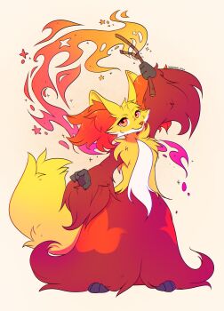 absurdres artist_name bloominglynx delphox fire full_body gen_6_pokemon highres holding holding_wand looking_at_viewer nintendo no_humans pokemon pokemon_(creature) red_eyes simple_background solo sooo wand white_background