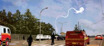 3others :o ambulance blue_sky car cloud day fence ghost highres jejejunum motor_vehicle multiple_others original outdoors road secret_(jejejunum) sky spirit tree