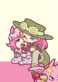 2boys absurdres arm_warmers beanie beard blue_arm_warmers blue_eyes bridal_gauntlets cape chibi chibi_only commentary cowboy_hat eating facial_hair feeding food fruit goggles goggles_on_headwear green_cape green_eyes green_hat green_pants gyro_zeppeli hat heart_ornament highres holding holding_food holding_fruit hood hood_down hoodie horseshoe_hat_ornament horseshoe_ornament johnny_joestar jojo_no_kimyou_na_bouken long_hair m_a_a_m_8 male_focus medium_hair multiple_boys open_mouth pants pink_hair pink_hat pink_hoodie pink_pants purple_bridal_gauntlets purple_shirt shirt spurs stand_(jojo) star_(symbol) star_print steel_ball_run strawberry symbol-only_commentary tusk_(stand) tusk_act1 yaoi