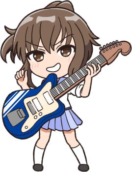 Rule 34 | 1girl, :d, angel beats!, blue skirt, blush, brown eyes, brown hair, chibi, chibi only, commentary request, eyes visible through hair, floating hair, full body, grin, guitar, hair between eyes, hands up, highres, hisako (angel beats!), holding, holding guitar, holding instrument, instrument, kneehighs, long sleeves, looking at viewer, medium hair, miniskirt, open mouth, pleated skirt, ponytail, shinda sekai sensen uniform, sidelocks, simple background, skirt, sleeves rolled up, smile, smug, socks, solo, transparent background, user uvgr2282, v-shaped eyebrows, white socks