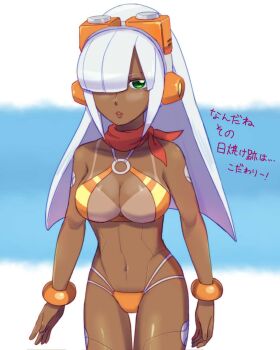 1girl alternate_hair_color android bikini bikini_tan bracelet breasts cleavage dark_skin green_eyes hair_over_one_eye headgear high_ponytail highres jewelry layer_(mega_man) long_hair mega_man_(series) navel o-ring orange_bikini ponytail scarf silver_hair simple_background swimsuit tan tanline