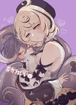 2girls accessories bare_shoulders belle_(delicate_sunlight)_(zenless_zone_zero) belle_(zenless_zone_zero) between_breasts black_bow black_hat black_shorts blonde_hair blue_hair blush bow breasts chinese_clothes closed_eyes commentary_request detached_sleeves dress_over_shirt hair_between_eyes half-closed_eyes hat head_between_breasts high-waist_shorts hug large_breasts looking_at_another mole mole_under_mouth monster_girl motion_lines multiple_girls official_alternate_costume parted_lips purple_background purple_eyes ringed_eyes scylla shirt short_hair shorts sio333_gn sticker suction_cups tentacle_girl tentacle_tail tentacles upper_body white_shirt white_sleeves yidhari_murphy yuri zenless_zone_zero
