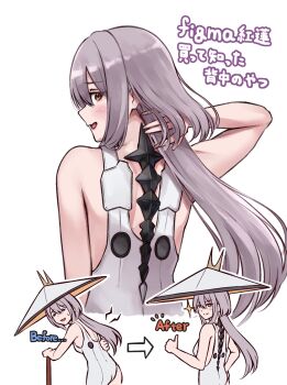 1girl back_pain bare_shoulders before_and_after blush bodysuit breasts cane closed_mouth goddess_of_victory:_nikke grey_bodysuit grey_hair hand_on_own_back hat highres holding holding_cane jingasa large_hat long_hair looking_at_viewer mechanical_spine oishicurryya open_mouth scarlet_(nikke) smile solo spine thumbs_up yellow_eyes