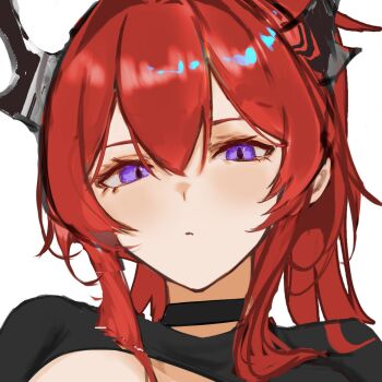 1girl arknights black_choker black_shirt choker closed_mouth commentary demon_horns horns long_hair looking_at_viewer official_alternate_costume okamoto_aoi portrait purple_eyes red_hair shirt simple_background solo surtr_(arknights) surtr_(liberte_echec)_(arknights) symbol-only_commentary white_background