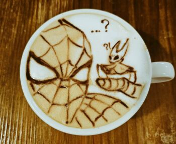 !? 1boy 1girl arthropod_girl black_eyes black_skin bodysuit cloak colored_skin derivative_work food_art_(medium) full_body george_(yamamoto_kazuki) hollow_eyes hollow_knight hollow_knight:_silksong horned_mask hornet_(hollow_knight) latte_art_(medium) marvel mask photo_(medium) print_bodysuit spider-man spider-man_(series) spider_web_print superhero_costume unconventional_media white_mask