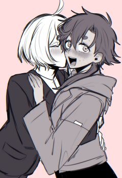 2girls blush closed_eyes commentary greyscale_with_colored_background gundam gundam_suisei_no_majo hahahano927 hand_on_another&#039;s_waist highres jacket kiss kissing_cheek long_hair miorine_rembran multiple_girls open_mouth pink_background short_hair simple_background suletta_mercury sweat thick_eyebrows yuri