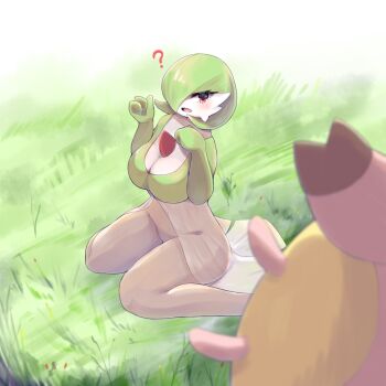1girl ? arai_mei blurry blurry_foreground blush bob_cut breasts cleavage colored_skin day female_focus gardevoir gen_2_pokemon gen_3_pokemon grass green_background green_hair green_skin groin hair_over_one_eye hand_on_own_chest hands_up large_breasts legs looking_at_another miltank multicolored_skin navel nintendo on_ground one_eye_covered open_mouth outdoors pokemon pokemon_(creature) red_eyes see-through_clothes short_hair sitting solo_focus thick_thighs thighs two-tone_skin udder wariza white_skin wide_hips