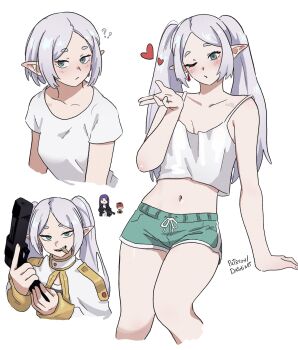 Rule 34 | 1girl, absurdres, blowing kiss, bob cut, breasts, collarbone, dashi (dashiart), desert eagle, elf, fern (sousou no frieren), frieren, gun, handgun, heart, highres, holding, holding gun, holding weapon, multiple views, navel, one eye closed, parted bangs, patreon username, pointy ears, shirt, short hair, sidelocks, small breasts, sousou no frieren, stark (sousou no frieren), upper body, weapon, white background, white hair, white shirt