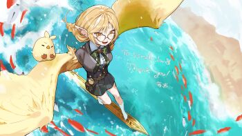 Rule 34 | 1girl, absurdres, beach, belt pouch, blonde hair, bow, bowtie, brooch, commissioner name, feathered wings, fish, glasses, glitch stars, green bow, green bowtie, harpy, highres, jewelry, kaigen 1025, kamogumi (kanna yanagi), kanna yanagi, long braid, long hair, monster girl, ocean, pointy ears, pouch, second-party source, socks, surfing, thank you, virtual youtuber, white hair, white socks, wings, yellow eyes, yellow wings