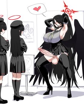 1futa 2girls absurdres armpits arms_behind_head black_choker black_footwear black_hair black_hat black_shirt black_skirt black_socks black_thighhighs black_wings blue_archive blush breasts choker closed_mouth erection futanari halo hasumi_(blue_archive) hat heart high_heels highres huge_breasts huge_penis justice_task_force_member_(blue_archive) kneehighs long_hair multiple_girls penis ponytail queue red_eyes red_halo shirt shoes skirt smile socks spoken_heart standing testicles thighhighs trembling uncensored veins veiny_penis very_long_hair wings xipa