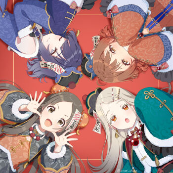 4girls absurdres ahoge blonde_hair blush bow brown_eyes brown_hair bun_cover chinese_clothes colored_eyelashes commentary_request detached_sleeves fang fur-trimmed_collar fur-trimmed_sleeves fur_trim gakuen_idolmaster gradient_hair grin hair_ornament hairclip hanami_ume hat hataya_misuzu highres idolmaster jiangshi_costume kuramoto_china long_hair long_sleeves looking_at_viewer lying mole mole_under_mouth multicolored_hair multiple_girls ofuda on_back one_eye_closed open_mouth orange_eyes parallel_hairclips parted_bangs purple_hair qingdai_guanmao shinosawa_hiro short_hair signature sleeves_past_fingers sleeves_past_wrists smile usagichama wide_sleeves