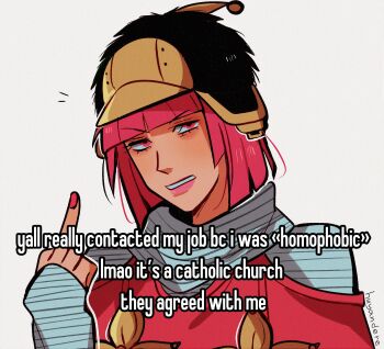 1girl annoyed artist_name bob_cut commentary english_text hat highres hot_pants_(sbr) huyandere jojo_no_kimyou_na_bouken long_sleeves middle_finger pink_eyes pink_hair pink_nails signature sleeves_past_wrists solo steel_ball_run