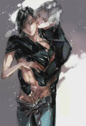 2boys abs alternate_costume alternate_hair_color alternate_hair_length alternate_hairstyle belt biting biting_ear black_hair black_pants black_shirt closed_eyes clothes_lift collarbone contemporary denim grey_background grey_eyes grey_hair hand_under_clothes hug hug_from_behind jeans kcllzas163 lan_wangji lifting_another&#039;s_clothes light_particles long_hair looking_at_another male_focus modao_zushi multiple_boys pants parted_lips shirt shirt_lift short_hair sketch smile standing third-party_source torn_clothes turtleneck wei_wuxian yaoi