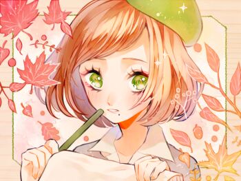 1girl autumn_leaves beret black_jacket blush border branch brown_border brown_hair collared_shirt commentary_request eyelashes green_eyes green_hat hat holding jacket leaf looking_at_viewer maple_leaf mole mole_under_mouth original parted_lips portrait ryokuno_green shirt short_hair solo sparkle swept_bangs white_shirt
