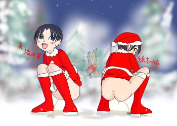 2girls animal ass black_hair blindfold blue_eyes blush blush_stickers boots brown_eyes brown_hair christmas clothes_lift crotch_seam dress dress_lift from_behind fur-trimmed_boots fur-trimmed_dress fur-trimmed_headwear fur_trim hat hat_over_eyes loli long_sleeves looking_back looking_up multiple_girls night night_sky open_mouth original panties panty_pull peeing pom_pom_(clothes) puddle red_boots red_dress red_hat reindeer rudolph_the_red_nosed_reindeer santa_costume santa_dress santa_hat sexless2012 short_hair sky smile snow squatting star_(sky) starry_sky teeth tree underwear white_panties winter