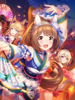 3girls absurdres animal_ears artist_request bad_link blonde_hair blush brown_hair cloud curren_chan_(cutie_pie_with_shining_eyes)_(umamusume) curren_chan_(umamusume) detached_sleeves game_cg gold_city_(autumn_cosmos)_(umamusume) gold_city_(umamusume) grey_hair headband highres horse_ears horse_girl horse_tail japanese_clothes kimono looking_at_viewer medium_hair multiple_girls night official_alternate_costume official_art short_hair sky star_(sky) starry_sky tail umamusume yukata yukino_bijin_(dancing_light_into_the_night)_(umamusume) yukino_bijin_(umamusume)