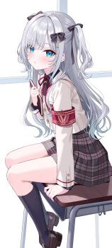 Rule 34 | 1girl, aqua eyes, armband, black bow, black socks, bow, brown shoes, desk, grey hair, hair bow, highres, holding, holding notebook, kaga sumire, kitano yukito, kneehighs, loafers, long hair, looking at viewer, notebook, on desk, one side up, parted lips, red armband, school desk, school uniform, shoes, sitting, skirt, socks, solo, very long hair, virtual youtuber, vspo!