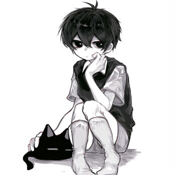 1boy aegyo_sal animal antenna_hair arm_at_side bright_pupils cat chinese_commentary closed_mouth collared_shirt commentary_request double-parted_bangs expressionless facing_viewer full_body greyscale hair_between_eyes hand_on_own_cheek hand_on_own_face hand_up jitome kneehighs knees_up looking_to_the_side male_focus mellocaa mewo monochrome no_eyebrows no_shoes omori petting pigeon-toed shadow shirt short_hair shorts sideways_glance simple_background sitting socks solo sunny_(omori) sweater_vest very_short_hair white_background