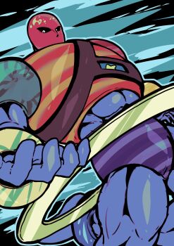 Rule 34 | 1boy, absurdres, aqua background, armor, black sclera, blue skin, bracelet, colored sclera, colored skin, commentary request, highres, jewelry, kinnikuman, looking down, looking to the side, male focus, male underwear, mask, muscular, muscular male, otyumamii, planetman (kinnikuman), purple male underwear, red mask, ring, solo, striped male underwear, underwear, white eyes, wrestling trunks