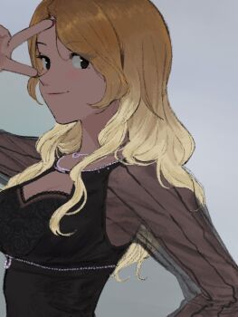 Rule 34 | 1girl, black eyes, black shirt, blonde hair, breasts, brown hair, cleavage, closed mouth, dark-skinned female, dark skin, gradient hair, grey background, highres, idolmaster, idolmaster shiny colors, izumi mei, jewelry, long hair, looking at viewer, multicolored hair, necklace, see-through clothes, see-through sleeves, shirt, simple background, smile, solo, subro, upper body, v, v over eye