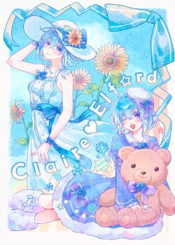 1girl adjusting_clothes adjusting_headwear beret blue_bow blue_bowtie blue_dress blue_eyes blue_flower blue_hair blue_sky boots bow bowtie breasts character_name claire_elford closed_mouth commentary_request dress flower frilled_sleeves frilled_wrist_cuffs frills fur-trimmed_dress fur_boots fur_trim hat hat_ornament heart highres holding holding_stuffed_toy long_sleeves looking_at_viewer lying medium_breasts medium_hair one_eye_closed open_mouth ribbon sky smile snowflakes star_(symbol) star_handsanit stuffed_animal stuffed_toy sun_hat sunflower teddy_bear white_boots white_dress white_hat white_ribbon witch's_heart wrist_cuffs