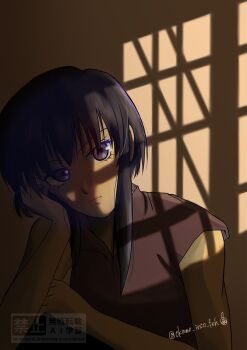 1girl artist_name black_hair commentary_request fire_emblem fire_emblem:_genealogy_of_the_holy_war head_on_hand highres indoors larcei_(fire_emblem) looking_at_viewer nintendo okame_inco_feh popped_collar purple_eyes purple_tunic shaded_face shadow short_hair sidelocks simple_background sleeveless solo tomboy tunic twitter_username