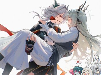 Rule 34 | +++, 2girls, :d, ^ ^, absurdres, alina (arknights), animal ears, antlers, arknights, black dress, black gloves, black pantyhose, black vest, blush, carrying, carrying person, chibi, chibi inset, closed eyes, commentary request, dress, face-to-face, fingerless gloves, flower, gloves, grey eyes, grey hair, hair between eyes, hair intakes, hand on another's shoulder, happy, heart, highres, horns, inset, laughing, light blush, long hair, long sleeves, looking at another, medium hair, mouth hold, multiple girls, open mouth, pantyhose, princess carry, profile, red flower, red rose, request inset, revision, rose, smile, talulah (arknights), talulah the fighter (arknights), uof, vest, white background, white dress, yuri